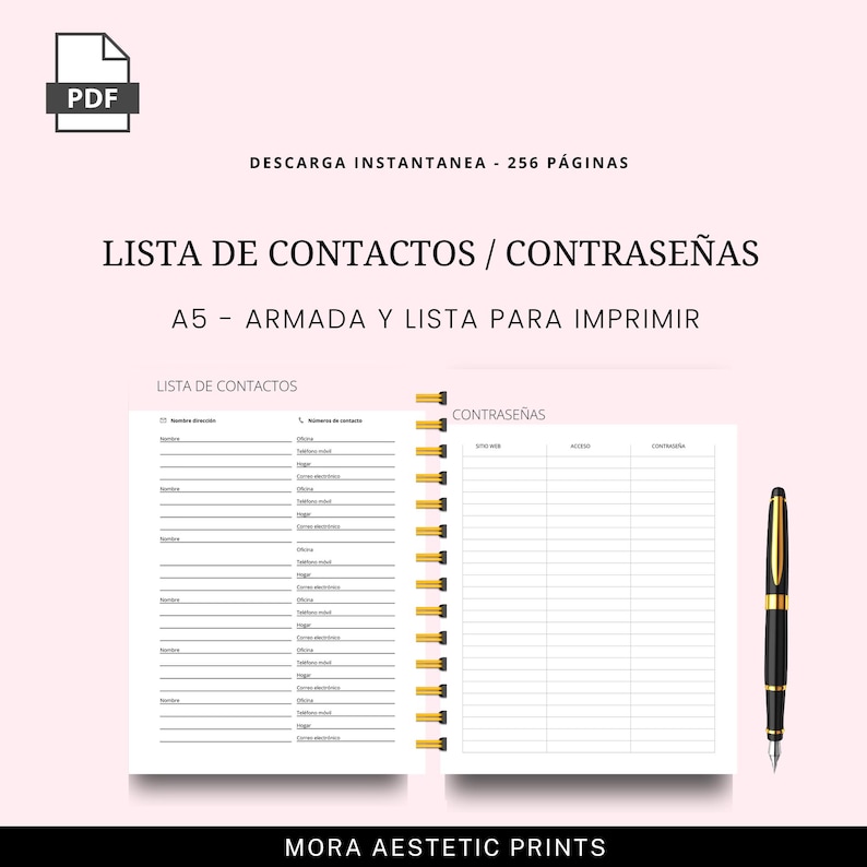 Puede incluir: Lista de contactos y contrase&ntilde;as imprimible en tama&ntilde;o A5. El cuaderno abierto presenta p&aacute;ginas rayadas para detalles de contacto y contrase&ntilde;as, con encuadernaci&oacute;n en espiral dorada. Un bol&iacute;grafo negro y dorado descansa a la derecha. Texto incluye "LISTA DE CONTACTOS".