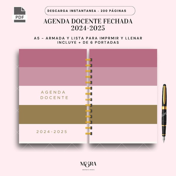 PDF| 2024-2025 Agenda  de docentes Mujer  FECHADO  + 9 Portadas Armada y Lista para Imprimir en colores Rosa  Agosto 2024-Julio 202-5