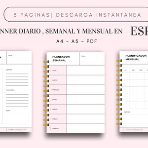 Puede incluir: Un planificador imprimible en español con tres páginas: diaria, semanal y mensual. El planificador está disponible en tamaños A4 y A5 y está en formato PDF.