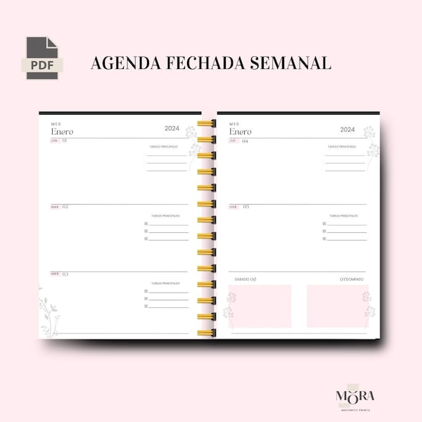Agenda Semanal fechada 2024 para Mujer en pdf en tonos rosa