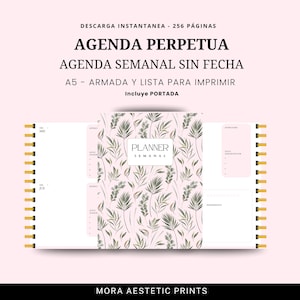 Puede incluir: Una agenda de espiral con un dise&ntilde;o floral en la portada. La portada presenta un patr&oacute;n de hojas verdes sobre un fondo rosa claro. La agenda incluye el texto "PLANNER SEMANAL" y otros textos en espa&ntilde;ol. La agenda es de tama&ntilde;o A5.