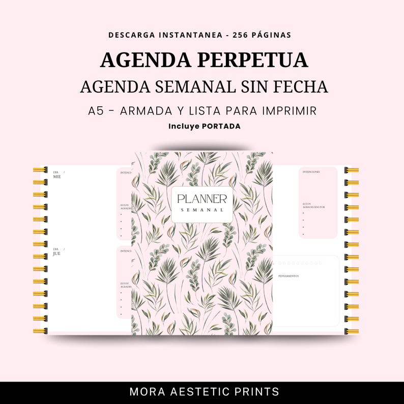 Puede incluir: Una agenda de espiral con un dise&ntilde;o floral en la portada. La portada presenta un patr&oacute;n de hojas verdes sobre un fondo rosa claro. La agenda incluye el texto "PLANNER SEMANAL" y otros textos en espa&ntilde;ol. La agenda es de tama&ntilde;o A5.