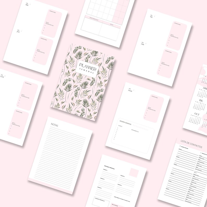Puede incluir: Una colecci&oacute;n de p&aacute;ginas de planificador rosas y blancas, incluyendo un planificador con una cubierta floral. Las p&aacute;ginas incluyen secciones para notas, horarios semanales y listas de contactos. La portada del planificador tiene las palabras "PLANNER" y "SEMANAL".