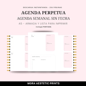 Puede incluir: Un planificador semanal perpetuo con encuadernación en espiral y espirales doradas. El planificador incluye cuadros de acento rosa y el texto "AGENDA PERPETUA AGENDA SEMANAL SIN FECHA A5 - ARMADA Y LISTA PARA IMPRIMIR Incluye PORTADA".