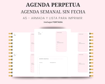 Agenda Perpetua Semanal Rosa para Imprimir – 256 Páginas | Sin Fechas, Dos Días por Página  | PDF Instantáneo