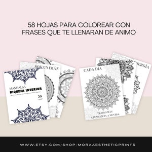 Puede incluir: Un conjunto de páginas para colorear con diseños de mandalas y frases inspiradoras en español. Las páginas son blancas con arte lineal y texto en negro. Incluye frases como "Cada Dia" y "Soy un Iman". La imagen también muestra la URL de la tienda de Etsy.