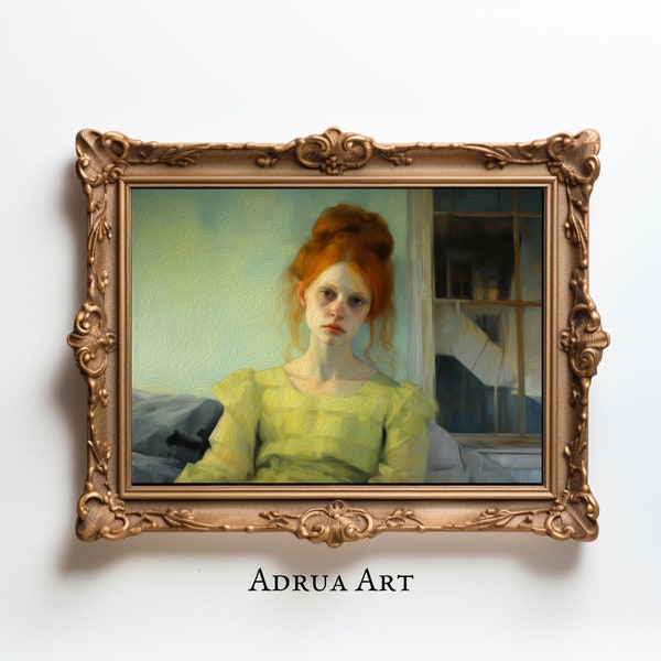 Emotional Redhead Digital Art Print - Sad Ginger Woman in Yellow Shirt - Wall Decor