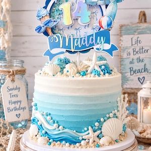 Coastal beach cake topper, Beach girl cake topper, seaside cake topper, Seashell cake topper. blue beach decor