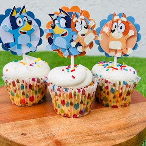 Bluey Cupcake toppers, Bluey toppers, Bluey cake topper, Bluey Party decor, Blue cupcake toppers, blue dog toppers