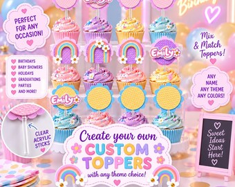 May include: A collection of cupcake toppers featuring various designs including rainbows, flowers, and circular shapes with the name Emily printed on some. The toppers are attached to clear acrylic sticks and displayed on a tiered stand with text.