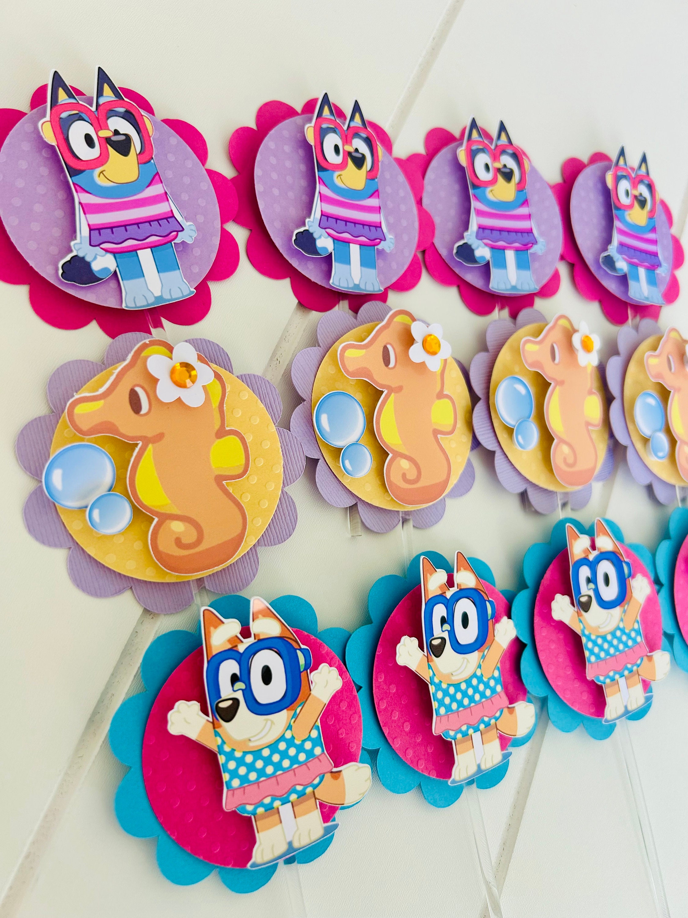 Bluey Girl Party Cupcake Toppers with Rhinestones
