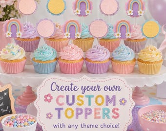 boho cupcakes, pastel cupcake toppers,blue puppy toppers, daisy flower cupcake toppers , custom cupcake toppers, of 12 toppers