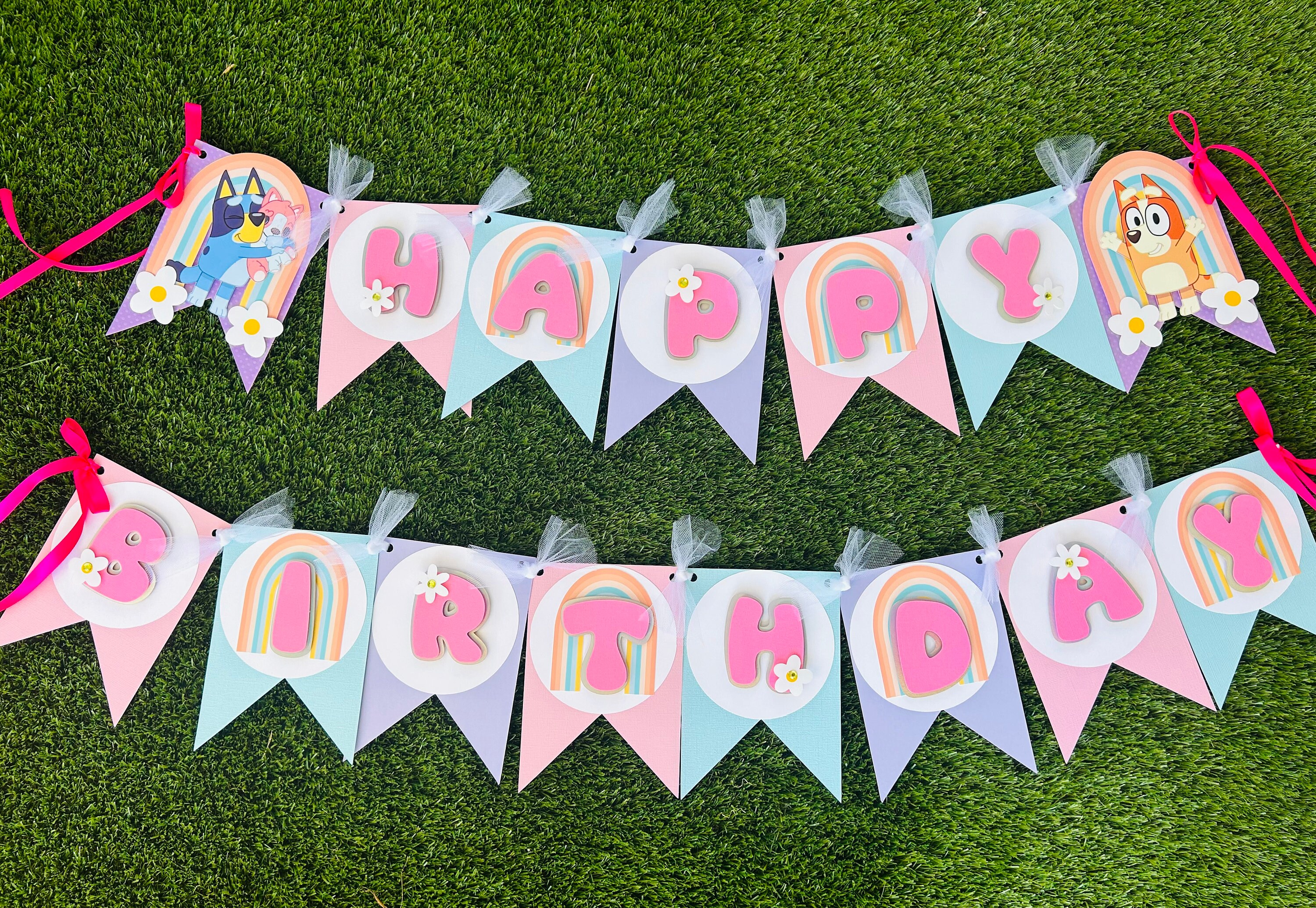 Bluey Girl Birthday Banner – Pink and Boho Rainbow Party Decor