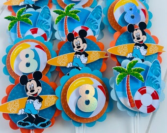 Surfer Mickey Toppers, Surfer Mickey cupcake toppers, Beach Mickey toppers, beach theme cupcake toppers, Mickey Mouse toppers, 12 per set