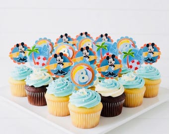 Surfer Mickey Cupcake Toppers: Beach Party Decorations (Set of 12)
