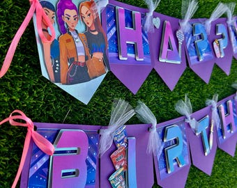 KPOP demon hunters banner,Kpop Banner, Demon Hunter banner , Birthday banner, Purple birthday Banner