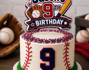 May include: A round cake decorated with red icing baseball stitches and a large dark blue number 9. The top features a cake topper with the text Jason's 9th Birthday, a baseball, a glove, and a bat, surrounded by red, white, and blue sprinkles.