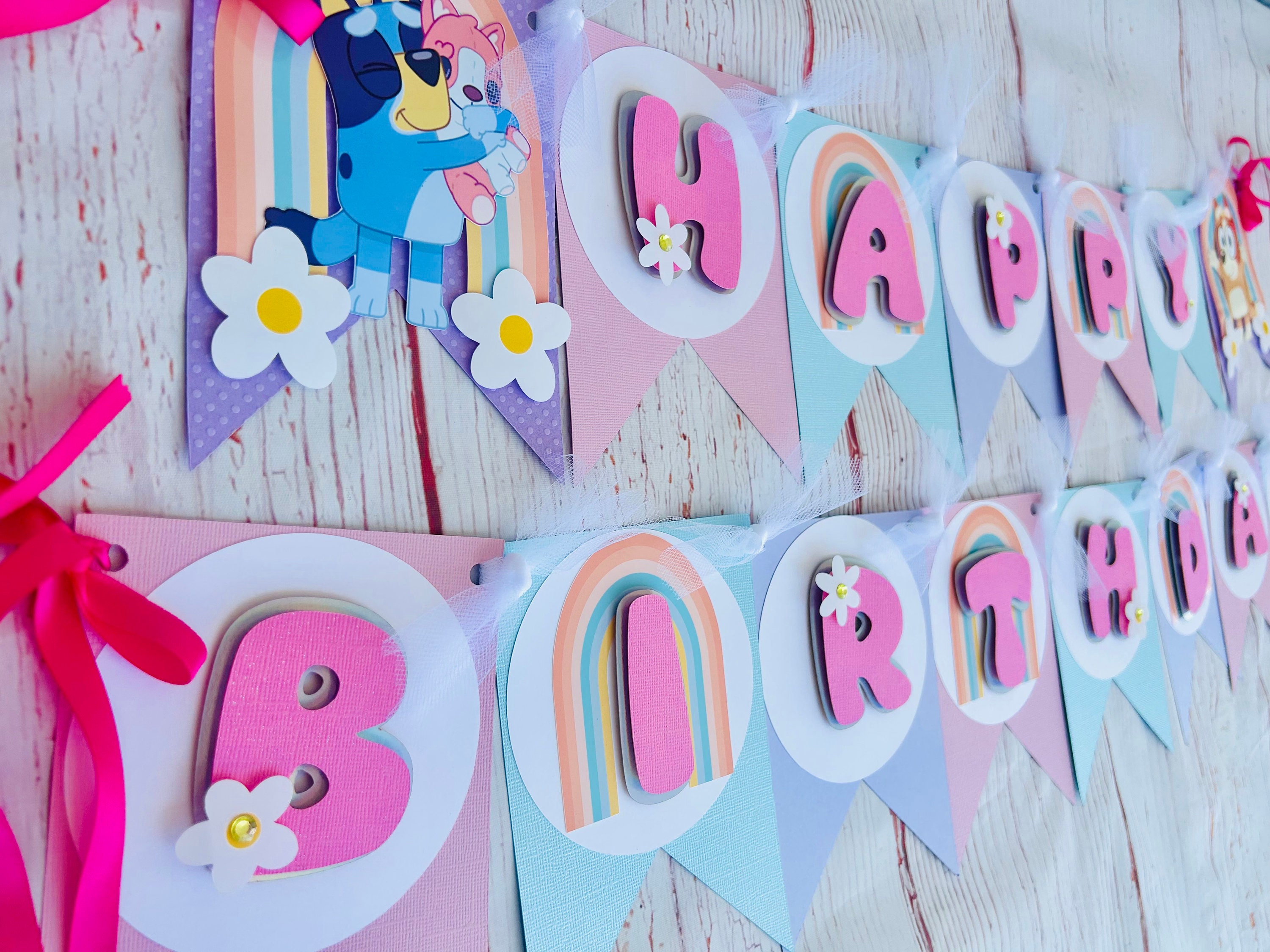 Bluey Girl Birthday Banner – Pink and Boho Rainbow Party Decor