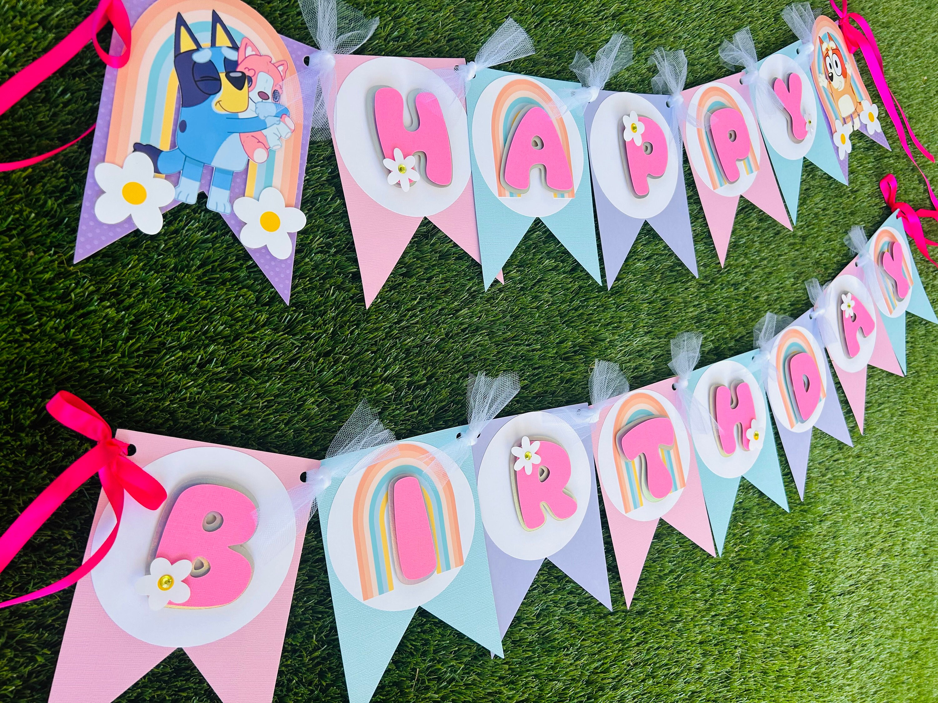Bluey Girl Birthday Banner – Pink and Boho Rainbow Party Decor