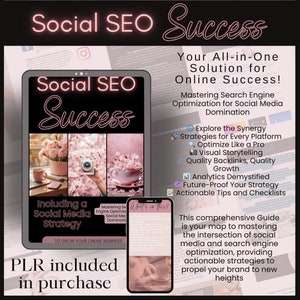 May include: A pink and white digital guide titled "Social SEO Success" with a pink and white background. The guide includes a social media strategy and tips for mastering search engine optimization for social media. The guide is available for purchase and includes PLR.