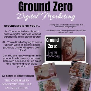 May include: A promotional image for a digital marketing course titled "Ground Zero." The image features a laptop displaying the course title and a woman holding a glass of champagne. Additional text highlights course benefits and content.