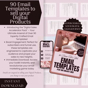 Op de afbeelding: Een promotionele afbeelding voor digitale producten. De afbeelding bevat de tekst "90 E-mailsjablonen" en "E-mailsjablonen plus 100 onderwerpregels". Een smartphone-afbeelding toont "What's Inside". Het kleurenschema is voornamelijk roze en wit.