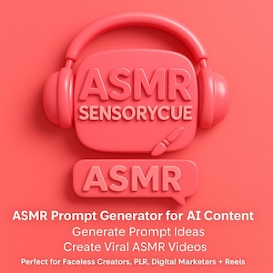 Può includere: Grafica color corallo con cuffie e la parola "ASMR" in grassetto. Sotto, una nuvoletta con "ASMR" e un'icona di pennello. Il testo recita "ASMR Prompt Generator for AI Content" e "Create Viral ASMR Videos."
