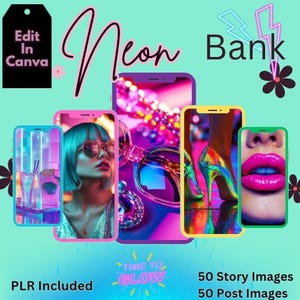 May include: A digital product mockup featuring neon-coloured images displayed on smartphone screens. The images include a woman with blue hair and sunglasses, a pair of sunglasses, a high-heeled shoe, and a close-up of a woman's lips. The text "Neon Bank" and "Time to Glow" are also included in the image.