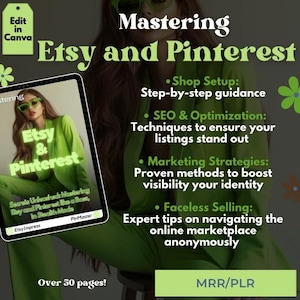 Op de afbeelding: Een groene en witte digitale productcover met de tekst "Mastering Etsy and Pinterest" en "Over 50 pages!" De cover toont een vrouw in een groene blazer en zonnebril. De tekst op de cover somt de onderwerpen op die in de gids worden behandeld, waaronder winkelopstelling, SEO en optimalisatie, marketingstrategieën en anonieme verkoop.
