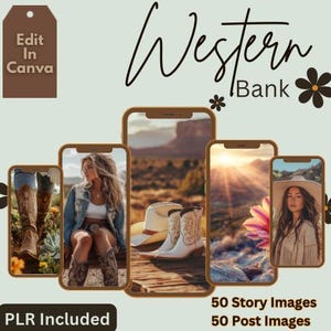 Puede incluir: Un conjunto de 100 imágenes digitales de temática western para redes sociales. Las imágenes presentan una variedad de escenas, incluyendo una mujer con un sombrero de vaquero, una puesta de sol sobre un paisaje desértico y un par de botas de vaquero. Las imágenes son perfectas para usar en Instagram, Facebook y otras plataformas de redes sociales. El texto "Western Bank" y "50 Story Images 50 Post Images" está incluido en la imagen.