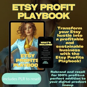 May include: A digital product cover with a yellow and orange background. The cover features a woman wearing a blue blazer and holding a lemon. The text on the cover reads "Etsy Profits Playbook" and "What's Included". The text "includes PLR to resell" is at the bottom of the image.