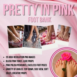 以下が含まれることがあります： 「PRETTY IN PINK FOOT BANK」のテキストが入ったプロモーション画像。ピンクのマニキュアと様々なポーズを披露する、ペディキュアされた足の複数の画像が特徴です。ピンクのバラと機能のリストも含まれています。