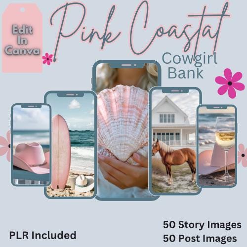 50 Editable Instagram Story and Post Templates | Pink Cowgirl Coastal Boho Digital Bundle for Small Business & Social Media Marketing, PLR