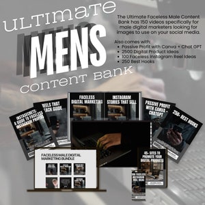 May include: A collection of digital marketing resources for men, including a guide to faceless Instagram profits, faceless digital marketing tips, Instagram stories that sell, passive profit with Canva and ChatGPT, 250 best hooks, 45 sites to promote digital products, and 100 faceless Instagram reel ideas.