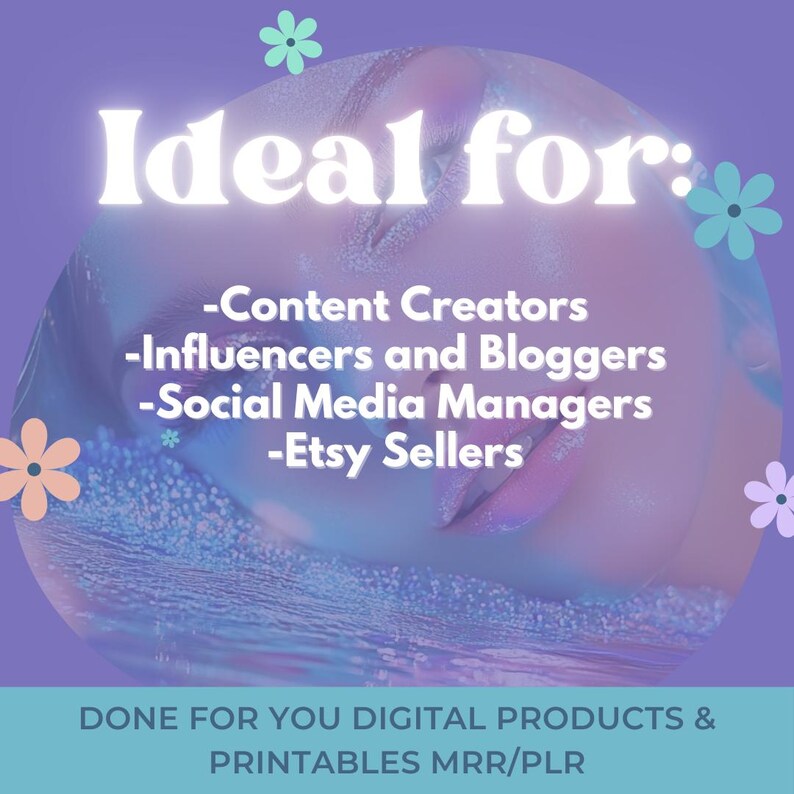 K&ouml;nnte beinhalten: Ein lilafarbener Hintergrund mit einem Frauen Gesicht in der Mitte. Der Text "Ideal f&uuml;r:" befindet sich oben im Bild. Der Text "Content Creators, Influencer und Blogger, Social Media Manager, Etsy Sellers" befindet sich unter dem Gesicht der Frau. Der Text "FERTIGE DIGITALE PRODUKTE & DRUCKVORLAGEN MRR/PLR" befindet sich unten im Bild.