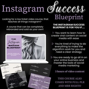 Könnte beinhalten: Ein Laptop-Bildschirm zeigt einen Kurs mit dem Titel "The Instagram Success Blueprint" mit dem Gesicht einer Frau im Hintergrund. Die Kursbeschreibung enthält den Text "Crafting content that captivates & converts on Instagram". Unter dem Laptop sind drei kleinere Karten zu sehen, jede mit einem anderen Titel: "Audit Your Instagram", "Understanding the Algorithm" und "Hashtag & SEO".