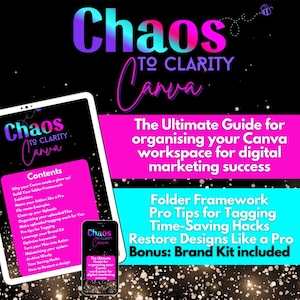 Chaos to Clarity for Canva,’ a step-by-step guide to organizing your Canva workspace and templates. Featuring a clean, colorful design, the guide empowers small business owners to streamline their creative process and save time