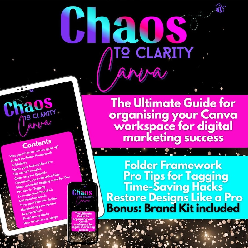 Chaos to Clarity for Canva,’ a step-by-step guide to organizing your Canva workspace and templates. Featuring a clean, colorful design, the guide empowers small business owners to streamline their creative process and save time