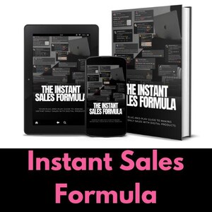 Op de afbeelding: Een zwart-witafbeelding van drie verschillende versies van een boek getiteld "The Instant Sales Formula". Het boek is een gids voor het maken van dagelijkse verkopen met digitale producten. Het boek wordt getoond op een tablet, een smartphone en een fysiek boek.