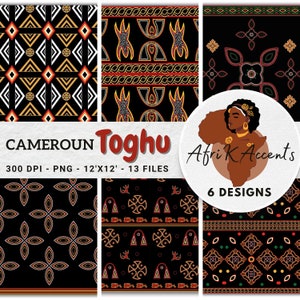 May include: Six digital paper designs featuring geometric patterns in black, white, red, yellow, and orange. The designs are inspired by traditional African textiles from Cameroon and Togo. The text "CAMEROUN Toghu Afrik Accents 300 DPI - PNG - 12'X12' - 13 FILES 6 DESIGNS" is at the bottom of the image.