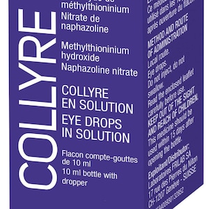 Könnte beinhalten: Violette Schachtel mit weißem Text für Collyre Bleu Laiter Augentropfen in Lösung. Die Schachtel zeigt eine blaue Träne und den Text "Hydroxyde de methylthioninium Nitrate de naphazoline" und "Methylthioninium hydroxide Naphazoline nitrate". Die Schachtel enthält auch Anweisungen zur Verwendung und Lagerung.