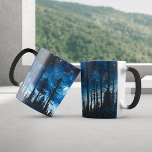 Nachthimmel Licht Becher, Geburtstag Kaffeebecher Geschenk, Wald Mond Becher, Wald Silhouette, Farbwechsel Becher, Twilight Becher, Gemälde Wald Mond Himmel