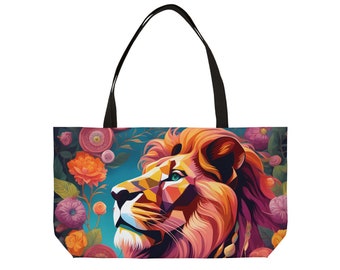 Floral Majesty Lion Tote - Regal King of the Jungle Bag, Spacious 24x13", Artistic Safari Flora Design, Bold Fashion Statement