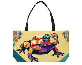 Sac fourre-tout géométrique grenouille - Design éclectique amphibien, spacieux 24 x 13 pouces, style blocs de couleur, la nature rencontre la géométrie