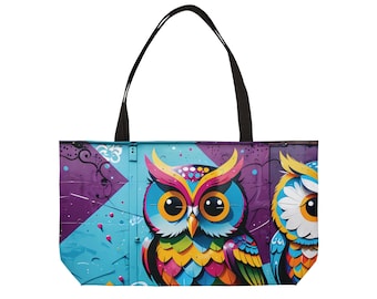 Hootin' Good Time Owl Tote - Large 24x13" Weekender Bag, Colorful Owl Design, Perfect Travel or Beach Companion