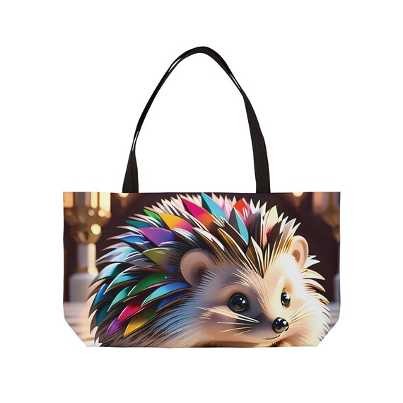 Colorful Hedgehog Tote Bag Artistic Animal Shoulder Bag Vibrant Eco Friendly Carryall Unique Prismatic Design Handbag