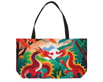 Bolso de mano Twin Dragons: arte mítico apasionado, accesorio impactante, tamaño grande