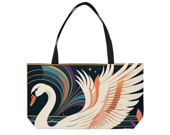 Elegante bolso de mano con diseño de cisne, elegante bolso de mano con diseño de pájaro en vuelo, bolso de compras con majestuosas ilustraciones de aves acuáticas.