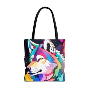 May include: A colourful tote bag featuring a stylised wolf with a rainbow colour scheme against a black background with white stars.