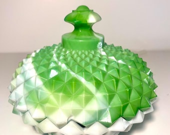 Westmoreland Green & White Slag Round Diamond Point Lidded Candy Dish**READ DESCRIPTION**